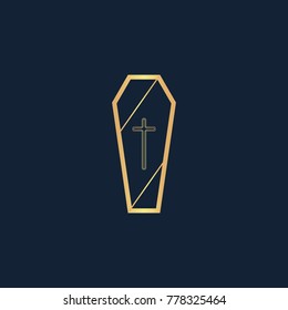 Coffin icon flat. Simple gold pictogram on dark background. Vector illustration symbol