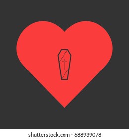 Coffin icon flat. Simple pictogram on heart background. Vector illustration symbol