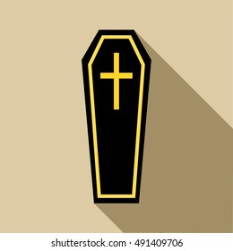 Coffin icon in flat style with long shadow. Death symbol vector illustration