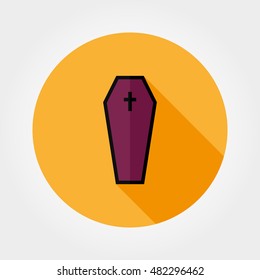 Coffin icon. Halloween. Icon for web and mobile application. Vector illustration on a button with a long shadow. Flat design style.