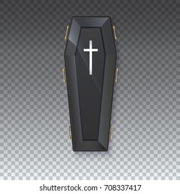 Coffin icon with a metal crucifix and handles on an isolated transparent background - 3D illustration. Elegant black coffin with glare and yellow handles. Sign of the Halloween holiday.