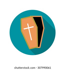 Coffin icon on blue background, flat