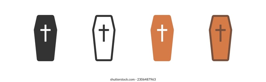 Icono de ataúd en el fondo de la luz. Símbolo funeral. Seguro, halloween, muerte, miedo, horror, esqueleto, vampiro. Contorno, plano y de color. Diseño plano. Ilustración vectorial.