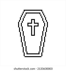 Coffin Icon Pixel Art, Funerary Box For Keeping A Corpse Coffin Icon Vector Art Illustration, Pixelated Form