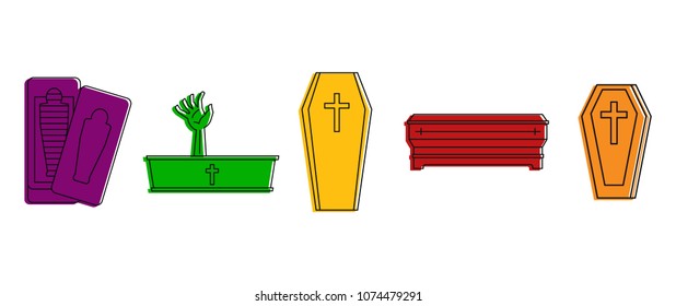 Coffin icon set. Color outline set of coffin vector icons for web design isolated on white background