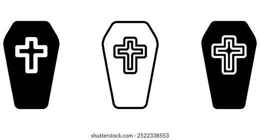 Coffin Icon Set. Grave Symbol with Cross Sign.