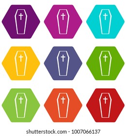 Coffin icon set many color hexahedron isolated on white vector illustration