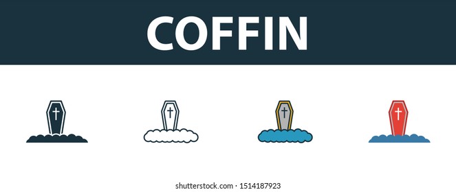 Coffin icon set. Premium simple element in different styles from halloween icons collection. Set of coffin icon in filled, outline, colored and flat symbols concept.