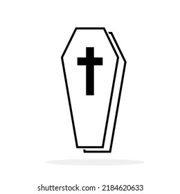 Coffin icon. Wooden coffin black icon with cross. Coffin isolated symbol. Vector illustration.