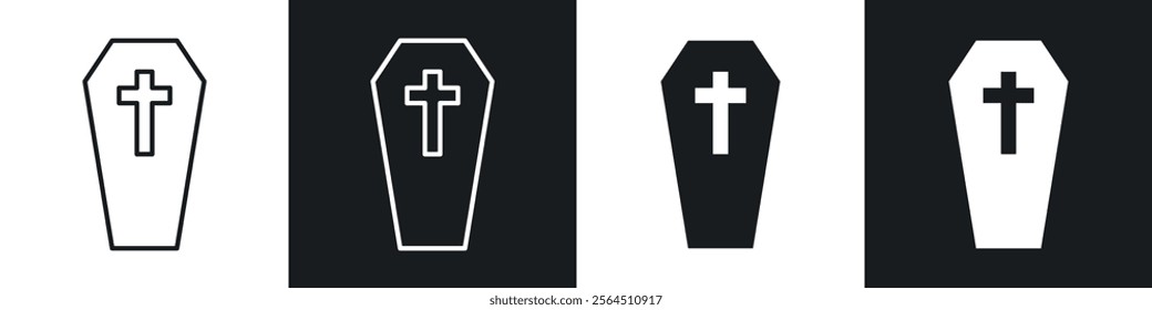 Coffin icons collection in black filled and line style.