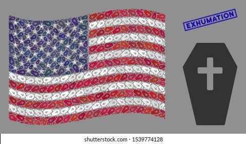 Coffin icons are organized into American flag stylization with blue rectangle distressed stamp seal of Exhumation phrase. Vector concept of American waving flag is composed with coffin icons.