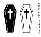 Coffin icons set. Wooden coffin black icon with cross. Coffin isolated symbol. Vector illustration.
