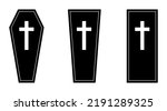 Coffin icons set. Wooden coffin black icon with cross. Coffin isolated symbol. Vector illustration.