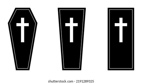 Coffin icons set. Wooden coffin black icon with cross. Coffin isolated symbol. Vector illustration.