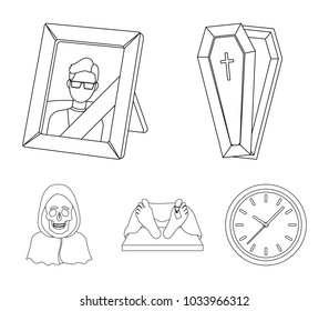 Coffin with a lid and a cross, a photograph of the deceased with a mourning ribbon, a corpse on the table with a tag in the morgue, death in a hood. Funeral ceremony set collection icons in outline