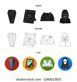 Coffin with a lid and a cross, a photograph of the deceased with a mourning ribbon, a corpse on the table with a tag in the morgue, death in a hood. Funeral ceremony set collection icons in black,flat