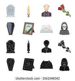 Coffin with a lid and a cross, a photograph of the deceased with a mourning ribbon, a corpse on the table with a tag in the morgue, death in a hood. Funeral ceremony set collection icons in black