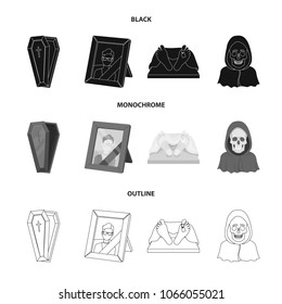 Coffin with a lid and a cross, a photograph of the deceased with a mourning ribbon, a corpse on the table with a tag in the morgue, death in a hood. Funeral ceremony set collection icons in black