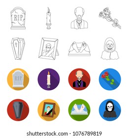 Coffin with a lid and a cross, a photograph of the deceased with a mourning ribbon, a corpse on the table with a tag in the morgue, death in a hood. Funeral ceremony set collection icons in outline