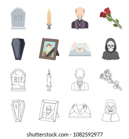 Coffin with a lid and a cross, a photograph of the deceased with a mourning ribbon, a corpse on the table with a tag in the morgue, death in a hood. Funeral ceremony set collection icons in cartoon