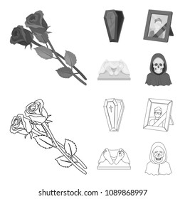 Coffin with a lid and a cross, a photograph of the deceased with a mourning ribbon, a corpse on the table with a tag in the morgue, death in a hood. Funeral ceremony set collection icons in outline