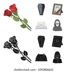 Coffin with a lid and a cross, a photograph of the deceased with a mourning ribbon, a corpse on the table with a tag in the morgue, death in a hood. Funeral ceremony set collection icons in cartoon