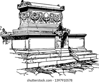 A coffin like structure made of stone to protect dead bodies In Ancient Egypt vintage line drawing or engraving illustration.