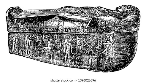 Una estructura tipo ataúd hecha de madera con diseño para proteger los cadáveres En el antiguo Egipto vintage de dibujo o ilustración grabadora.
