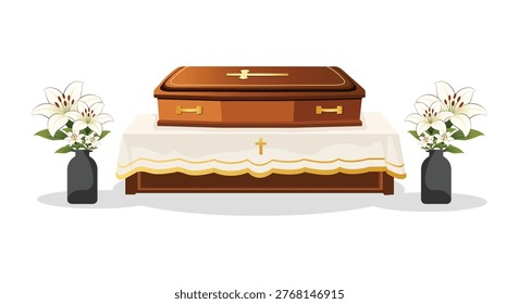 Coffin with lilies on a white background. Brown coffin with flowers. Vase with lilies