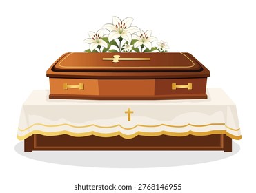 Coffin with lilies on a white background. Brown coffin with flowers