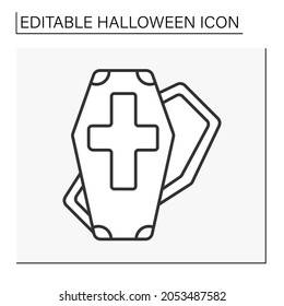  Coffin Line Icon. Long, Narrow Box, Typically Of Wood, In Which A Dead Body Is Buried Or Cremated.Halloween Concept. Isolated Vector Illustration. Editable Stroke