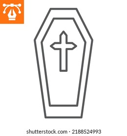Coffin line icon, outline style icon for web site or mobile app, halloween and funeral, coffin with cross vector icon, simple vector illustration, vector graphics with editable strokes.