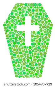 Coffin mosaic of dots in different sizes and green shades. Vector round elements are combined into coffin collage. Ecological design concept.