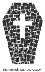 Coffin mosaic icon of squares and spheric dots in variable sizes. Vector items are organized into coffin illustration design concept.