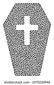 Coffin mosaic of small circles in different sizes and color tints. Dots are composed into coffin vector mosaic. Dotted vector design concept.