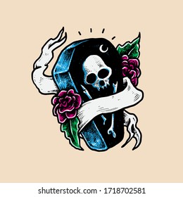 Coffin mourning flowers vector Illustration