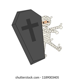 Coffin and mummy halloween on the white background. Vector illustration