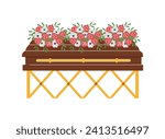 Coffin on the stand with flowers wreaths flat vector illustration. Funeral, mourning tradition. Burial ceremony of dead human, closed coffin. Ritual service isolated on white background