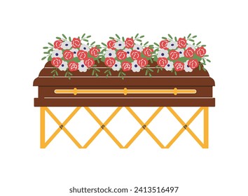 Coffin on the stand with flowers wreaths flat vector illustration. Funeral, mourning tradition. Burial ceremony of dead human, closed coffin. Ritual service isolated on white background