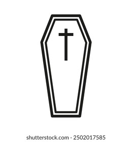 Coffin outline icon. Cross detail inside. Simple black design. Vector symbol.
