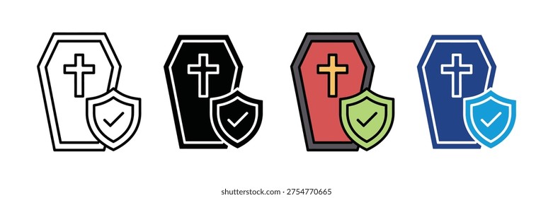 Coffin with protection shield icon set. Funeral insurance, burial service guarantee, and final expense protection symbols. Vector Illustration.