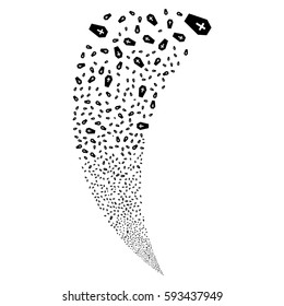 Coffin random fireworks stream. Vector illustration style is flat black iconic symbols on a white background. Object fountain organized from scattered pictograms.