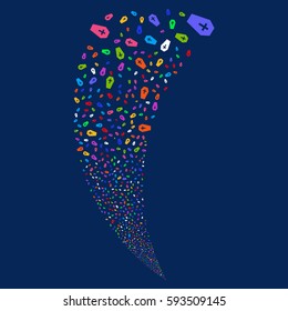 Coffin random fireworks stream. Vector illustration style is flat bright multicolored iconic symbols on a blue background. Object fountain combined from scattered symbols.