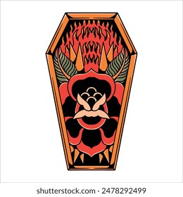 coffin rose tattoo vector design