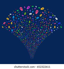 Coffin salute stream. Vector illustration style is flat bright multicolored iconic symbols on a blue background. Object explosion fountain combined from random design elements.