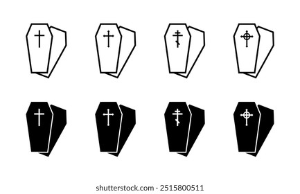 The coffin set icons. Linear and silhouette style. Vector icons.