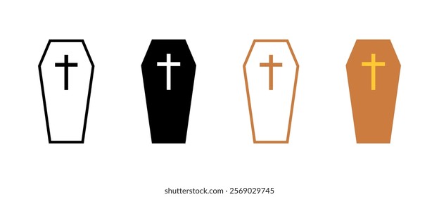 The coffin set icons. Linear, silhouette and flat style. Vector icons.