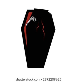 Coffin and skeleton hand illustration vector in cartoon style on white background. Halloween element. Halloween concept.