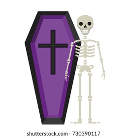 Coffin and skeleton icon is a flat style. Isolated on white background. Vector illustration