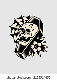 Coffin skull with flower, vector design.